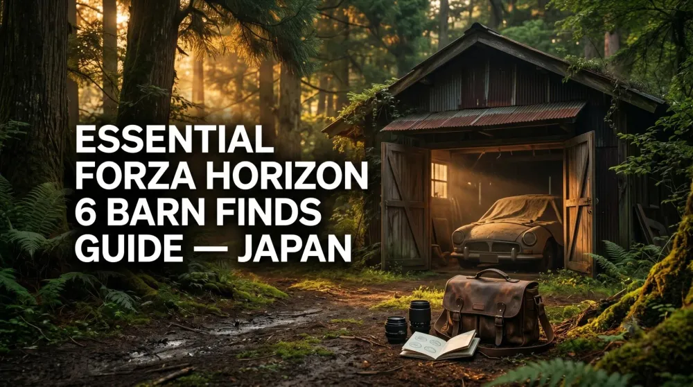 Forza Horizon 6 player using the drone to scout a red barn hidden in a forested Japan region
