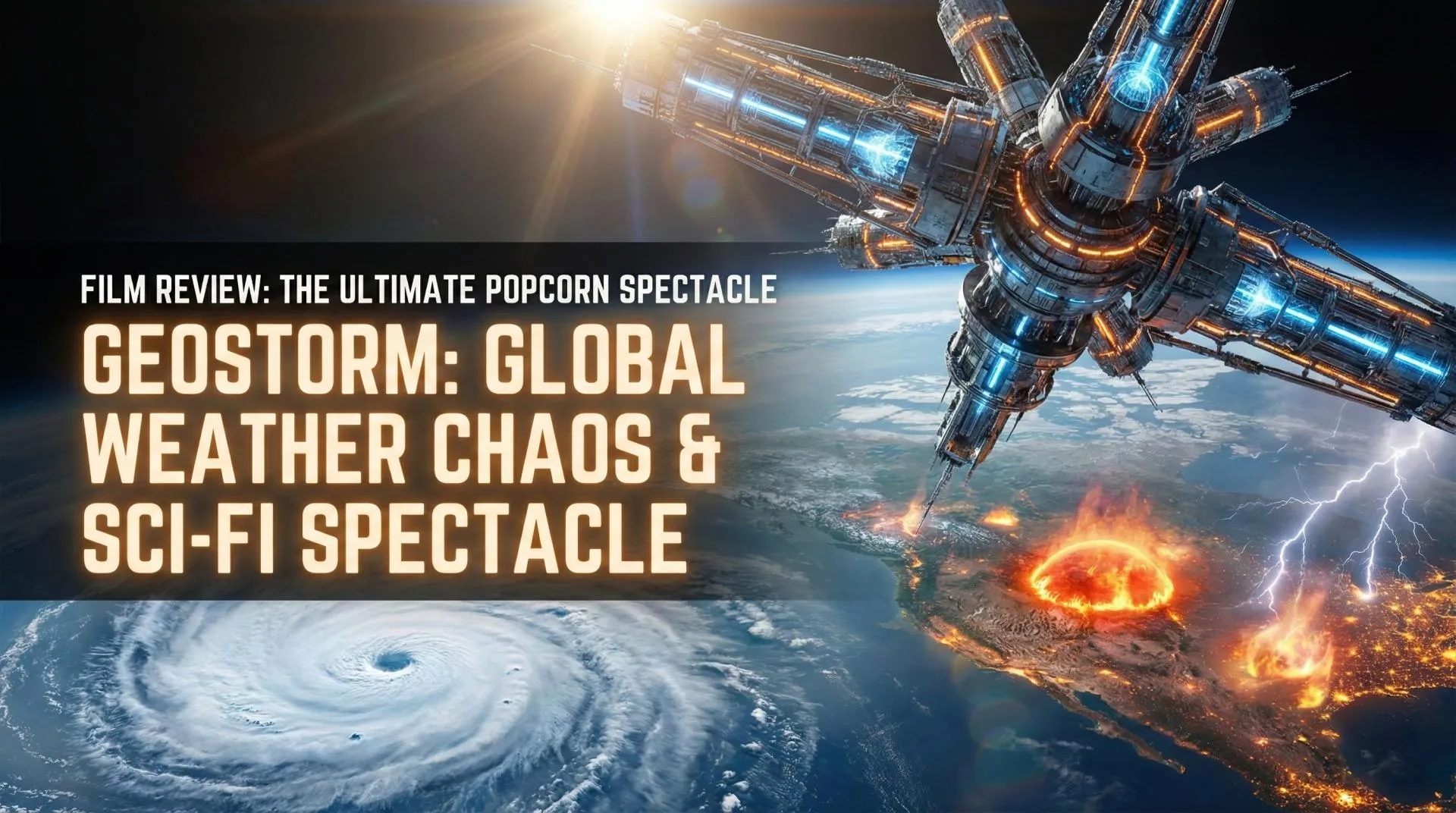Gerard Butler in a spacesuit looking at a global weather satellite in Geostorm