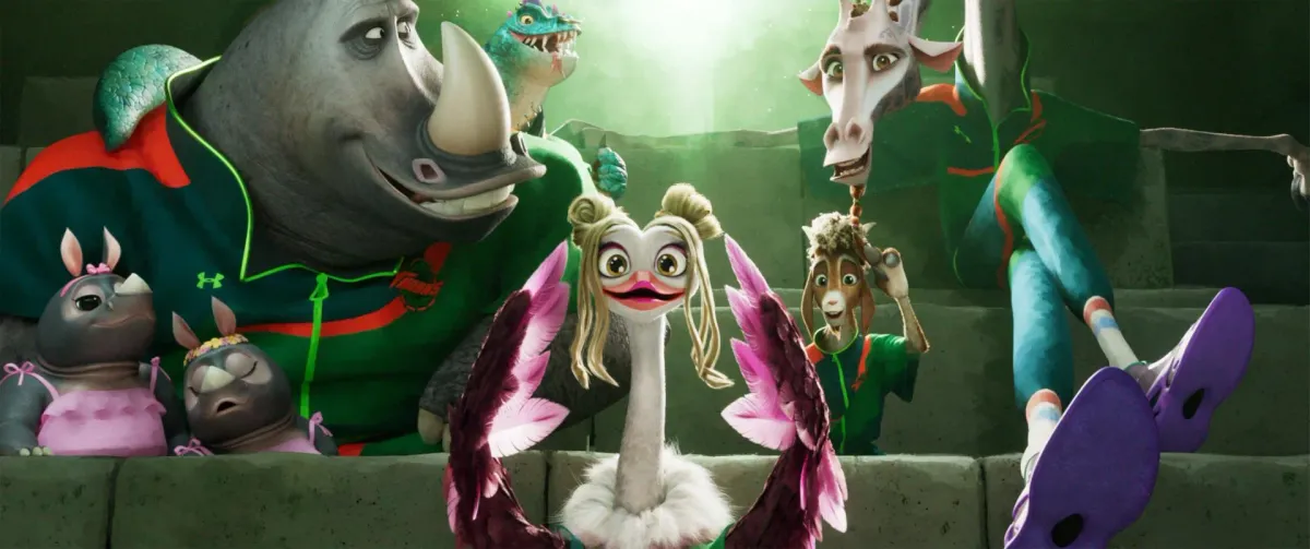 A family of animal characters cheering from the stands in GOAT (2026)