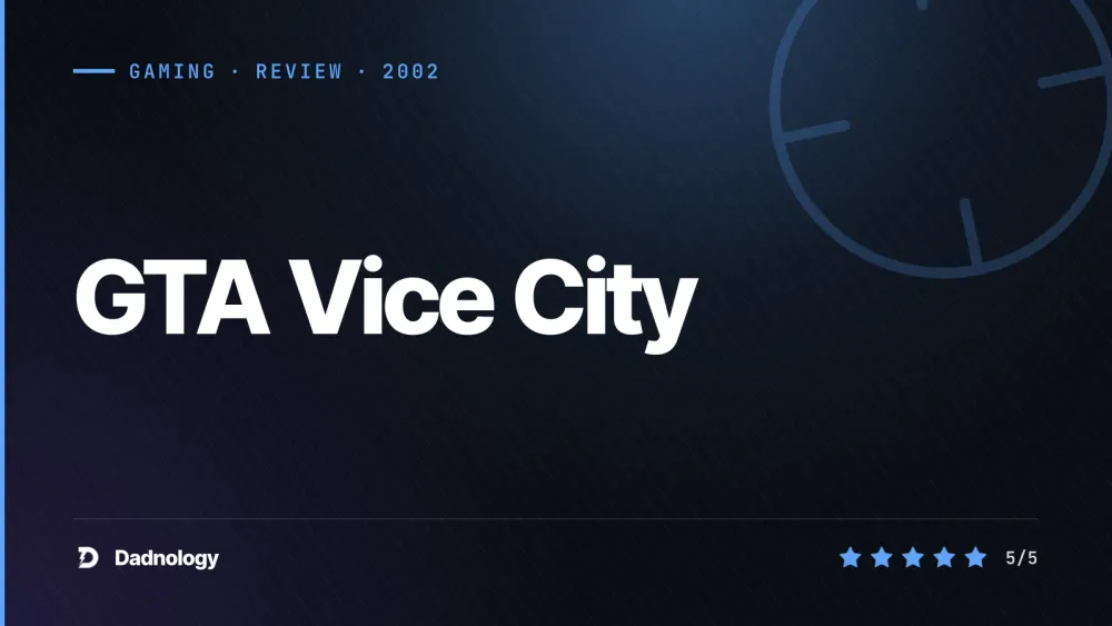 Dadnology title card: GTA Vice City review: The 80s neon masterpiece that gave a series its soul