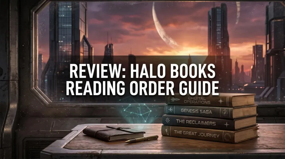 A stack of Halo novels including The Fall of Reach, First Strike, and Ghosts of Onyx