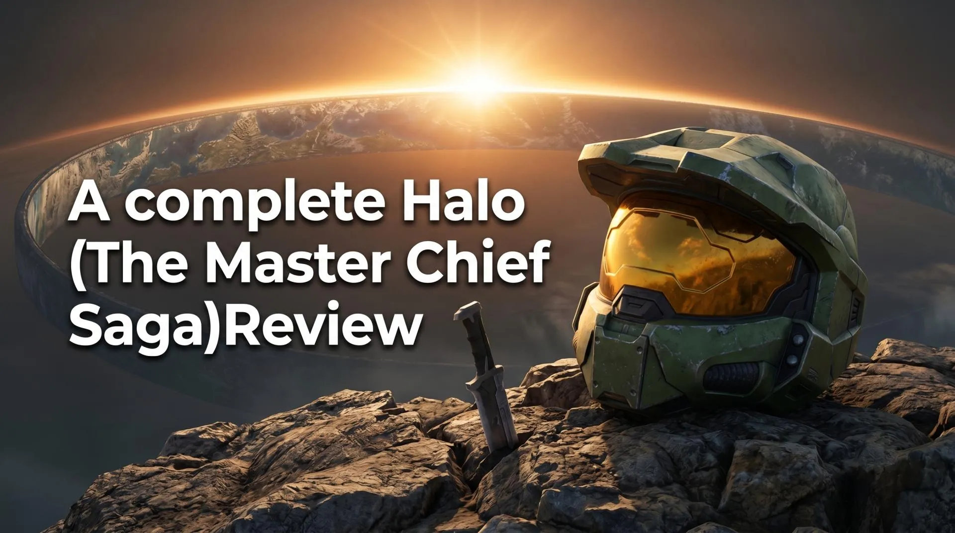 Master Chief in green Mjolnir armor overlooking a ringworld at sunrise