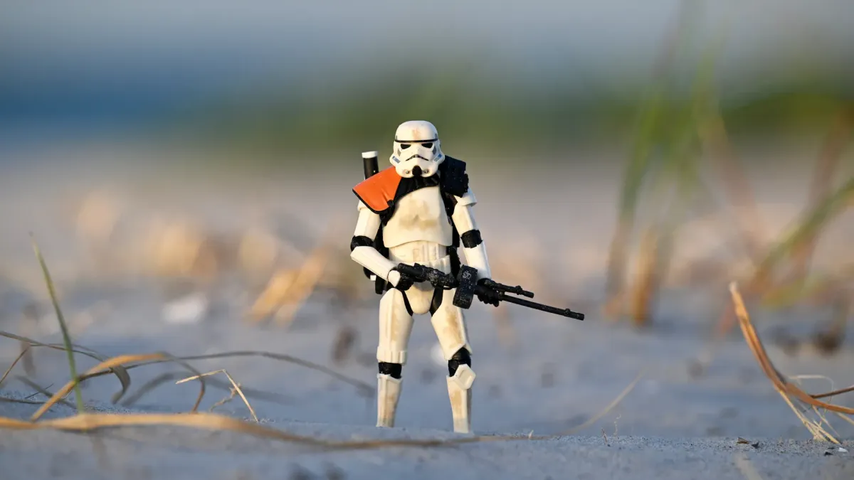 Hasbro Black Series Sandtrooper standing upright among coastal dune grass with blurred ocean in background