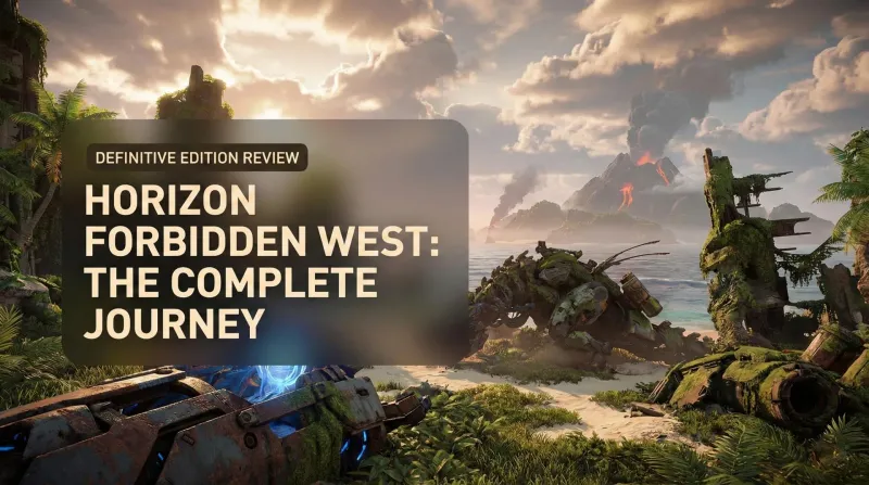 Aloy gliding over a sunlit coast as a machine soars through ocean mist