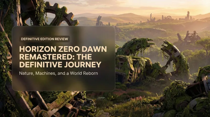 Aloy aiming her bow at a towering machine against a blazing sunset