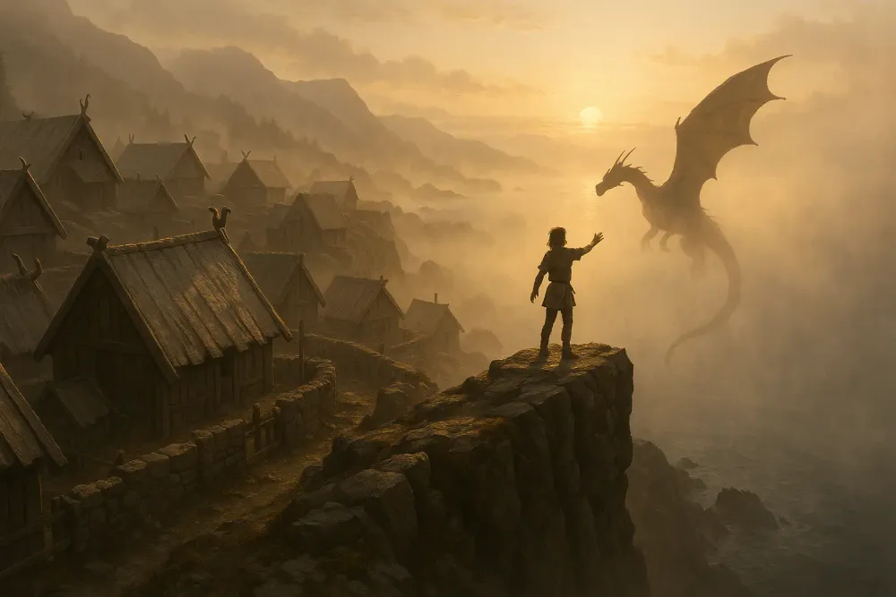 Hiccup and the dragon Toothless soaring over the cliffs of Berk in the 2025 live-action film