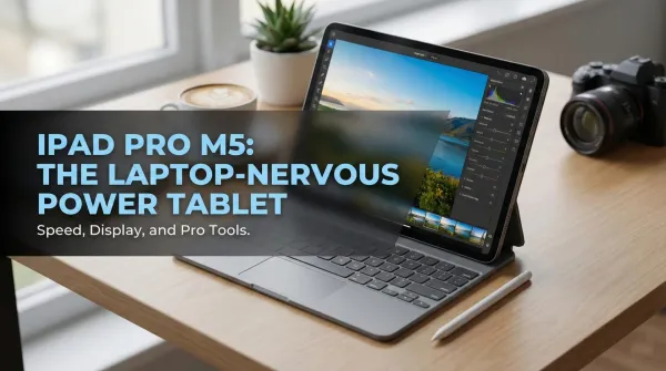2025 iPad Pro with keyboard case and Pencil in a bright workspace