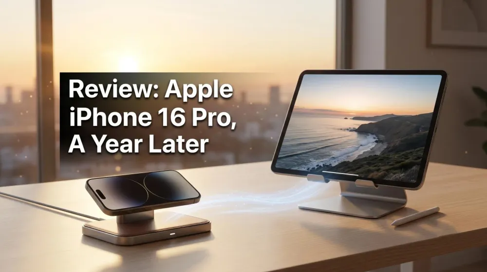 Apple iPhone 16 Pro in Black Titanium held in one hand showing the Super Retina XDR display
