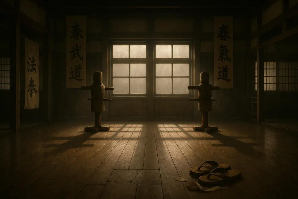Iron Fist with glowing hand in a kung-fu pose in a dark alley
