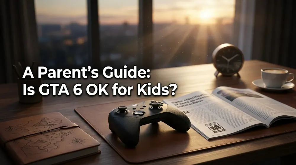 A dad and teenager talking on a couch with a game controller between them