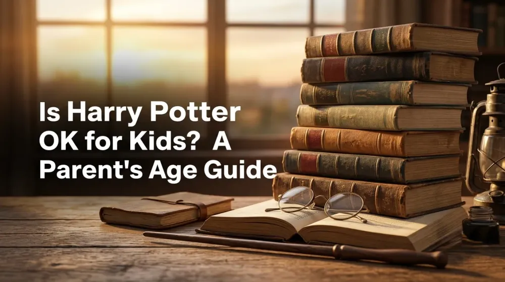 A parent and child reading a Harry Potter book together on a sofa