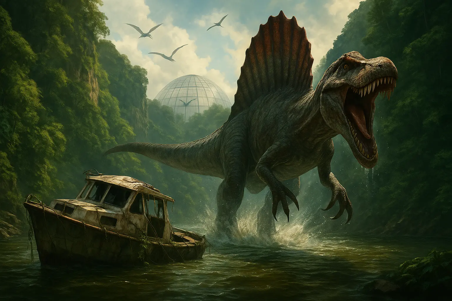 A Spinosaurus towering over the survivors on Isla Sorna in Jurassic Park III