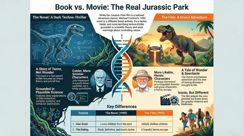 Comparison of Jurassic Park novel cover and movie poster