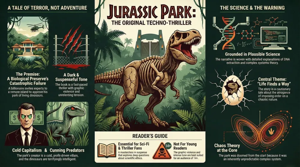 Book cover of Jurassic Park by Michael Crichton showing the iconic T-Rex skeleton silhouette