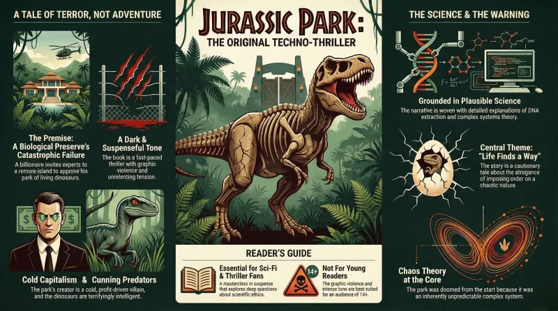 Book cover of Jurassic Park by Michael Crichton showing the iconic T-Rex skeleton silhouette