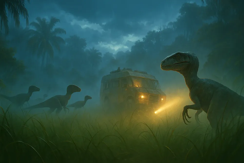Two T. rex closing in on a research trailer on Isla Sorna in The Lost World