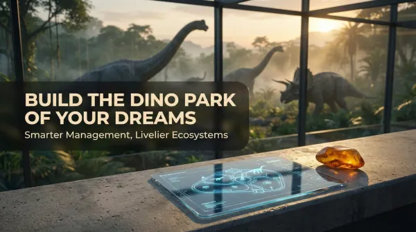 A T. rex roaring near a visitor walkway in Jurassic World Evolution 3