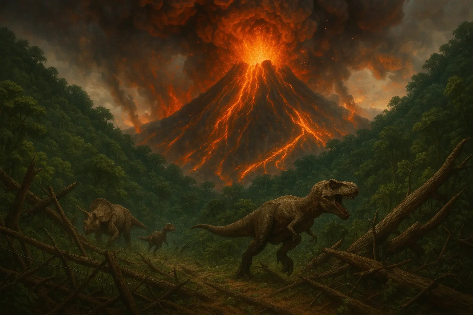 A T. rex against an erupting volcano during the island evacuation in Fallen Kingdom