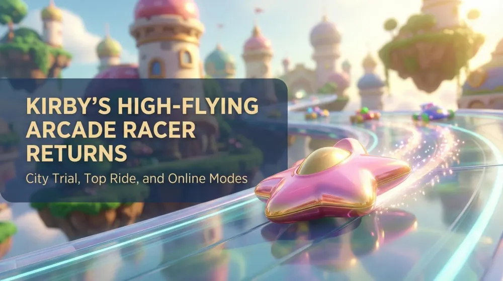 Kirby Air Riders key art with Kirby on a star-shaped machine