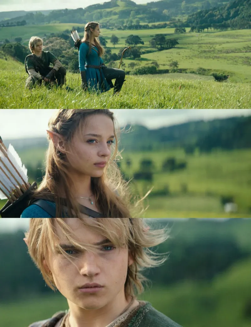 Benjamin Evan Ainsworth as Link and Bo Bragason as Princess Zelda in a grassy Hyrule field in the live-action Legend of Zelda movie