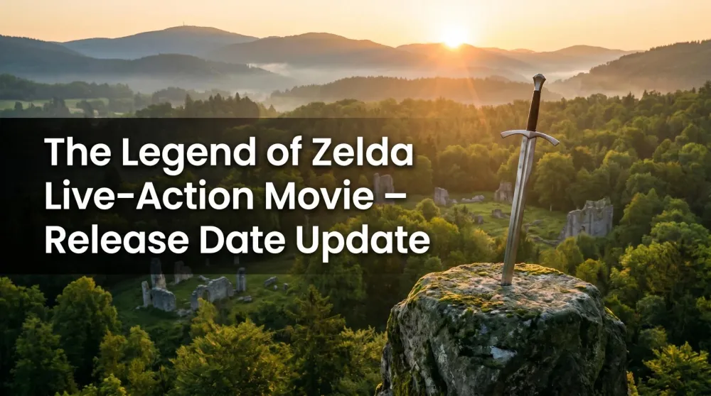 The Legend of Zelda live-action movie logo over a Hyrule landscape, with a 2027 release date
