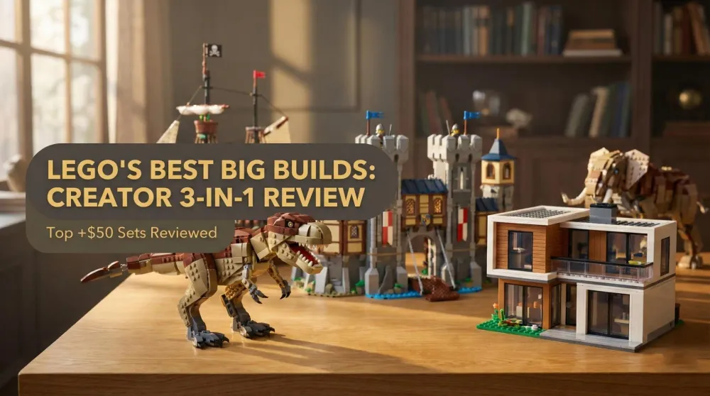 Large LEGO Creator 3-in-1 sets including T. rex and Medieval Castle