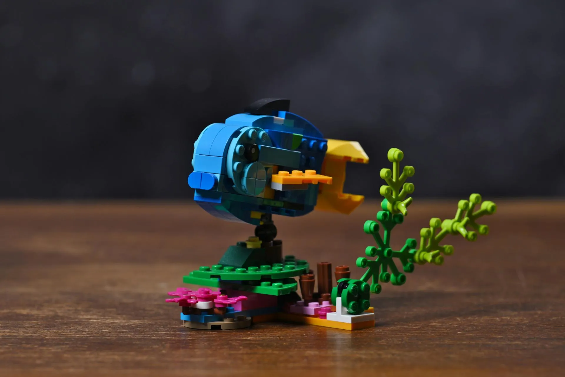 The blue-and-yellow fish alternate build of the LEGO Creator Exotic Parrot (31136) set on its seabed stand with sea plants