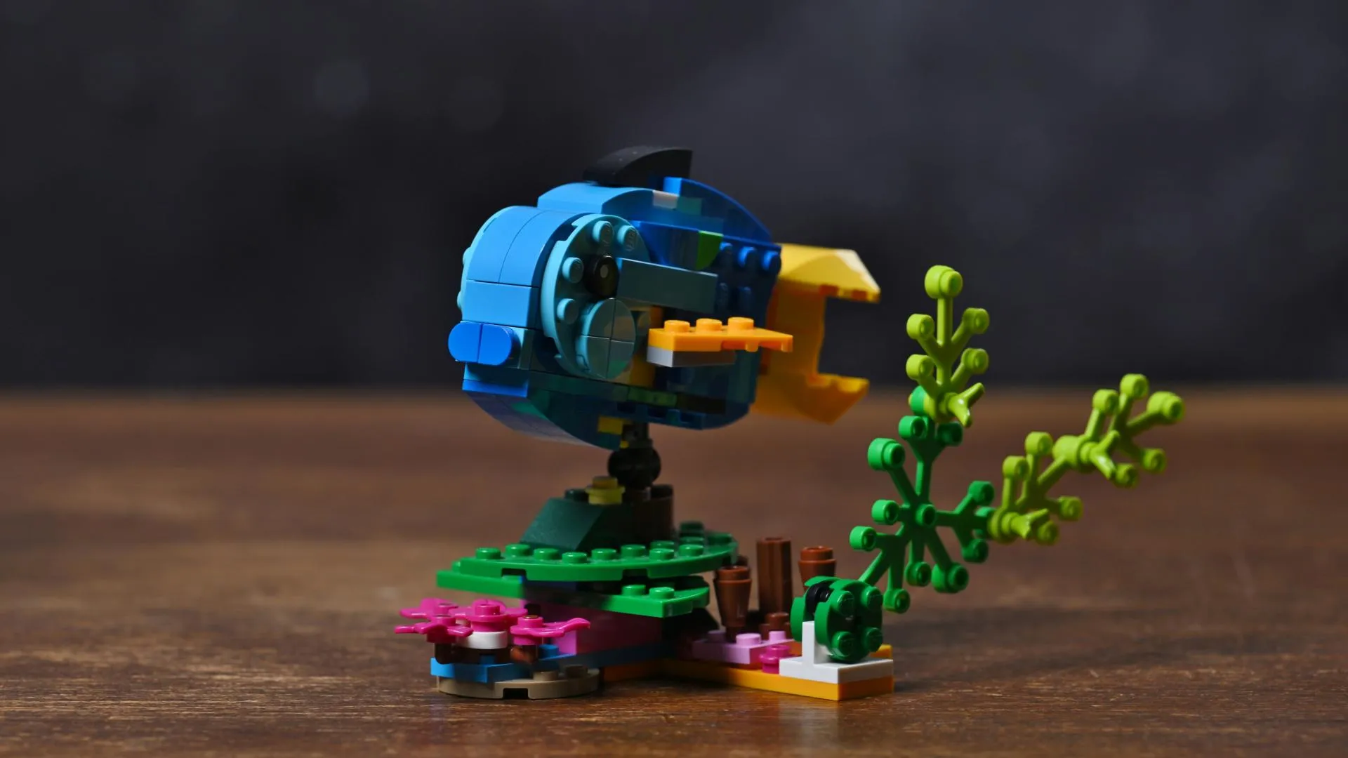 The blue-and-yellow fish alternate build of the LEGO Creator Exotic Parrot (31136) set on its seabed stand with sea plants