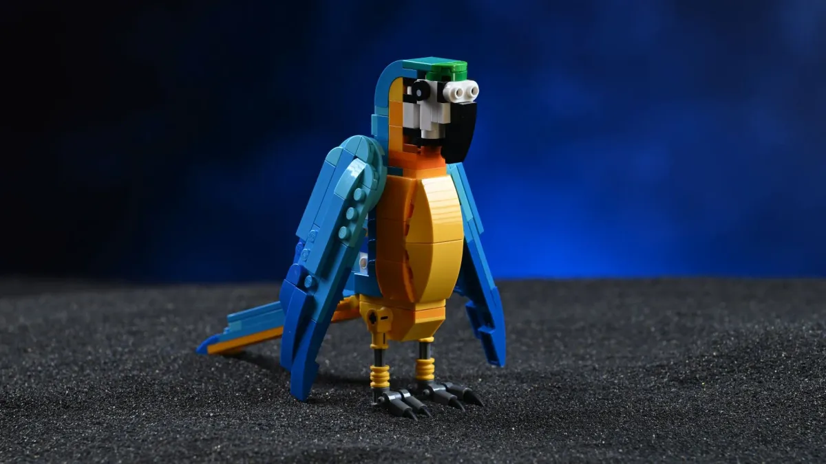 Front-facing portrait of the LEGO Creator Exotic Parrot (31136) build, showing its head and beak detail