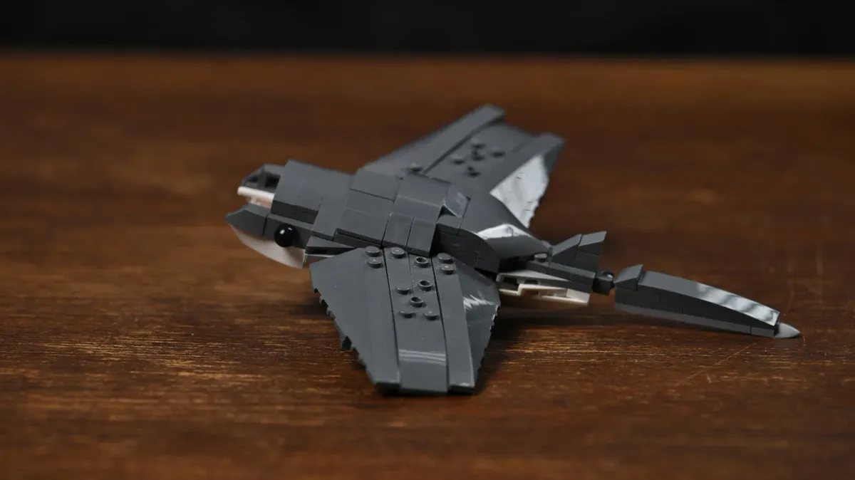 The manta ray build of LEGO Creator Fierce Shark (31381) on a wooden table, showing the broad wings and tail