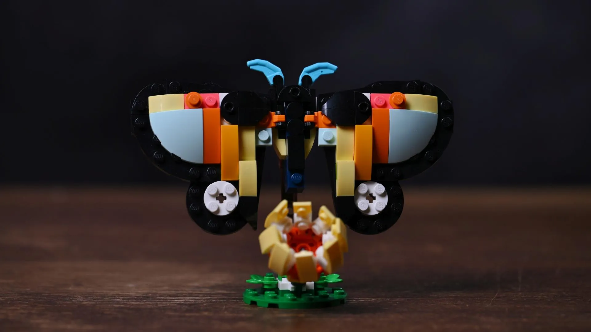 The butterfly alternate build of the LEGO Creator Tropical Toucan (31173) set, wings spread above its brick-built flower