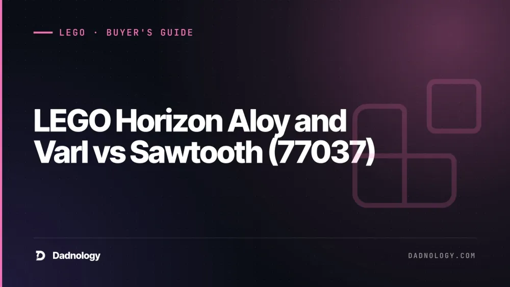 Dadnology title card: LEGO Horizon Aloy and Varl vs Sawtooth (77037) - Machine hunt