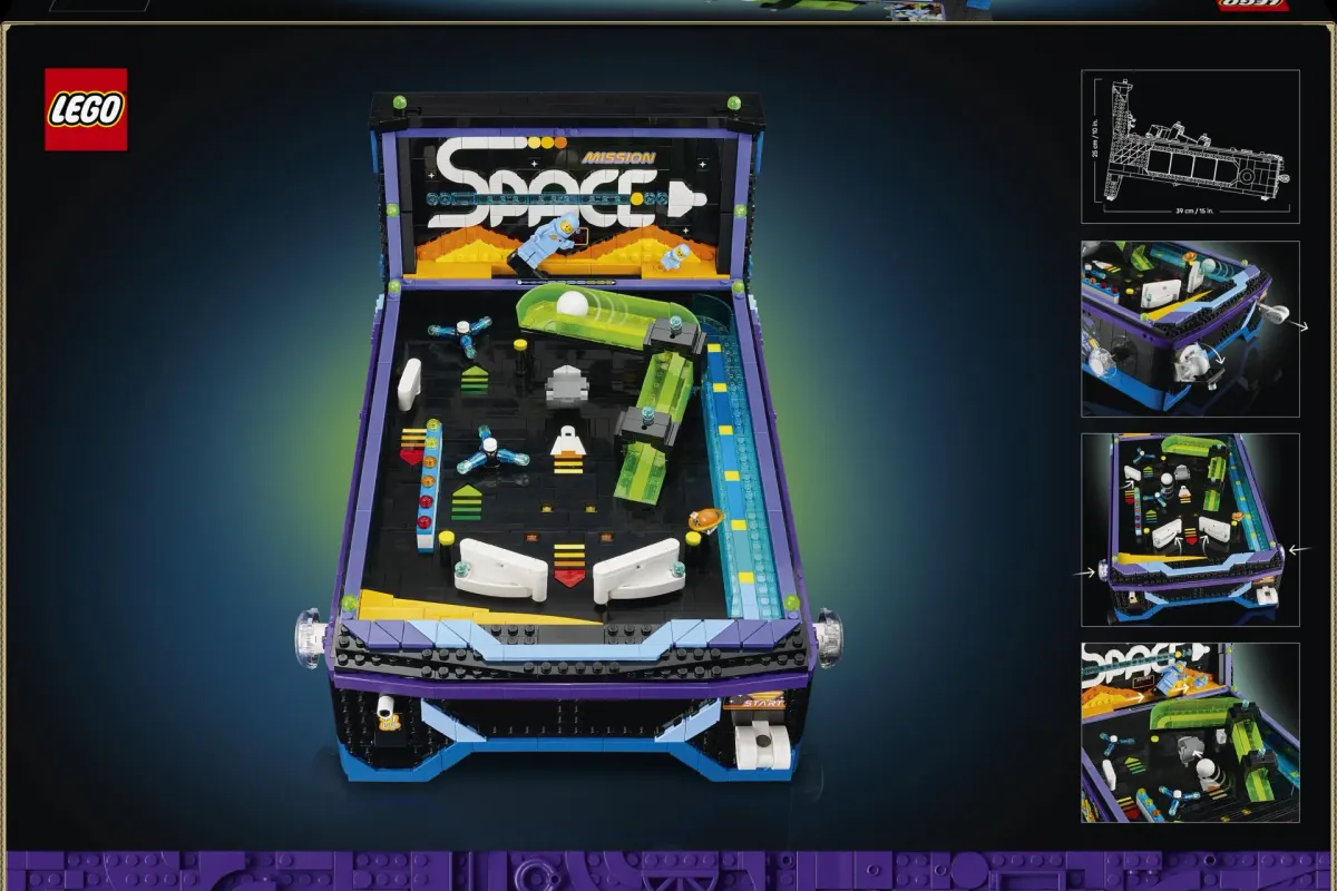 Overhead view of the full LEGO Icons Arcade Pinball Machine playfield, showing the flippers, spinning bumpers, ramps and Mission Space backboard