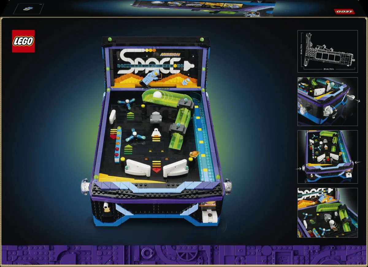Overhead view of the full LEGO Icons Arcade Pinball Machine playfield, showing the flippers, spinning bumpers, ramps and Mission Space backboard