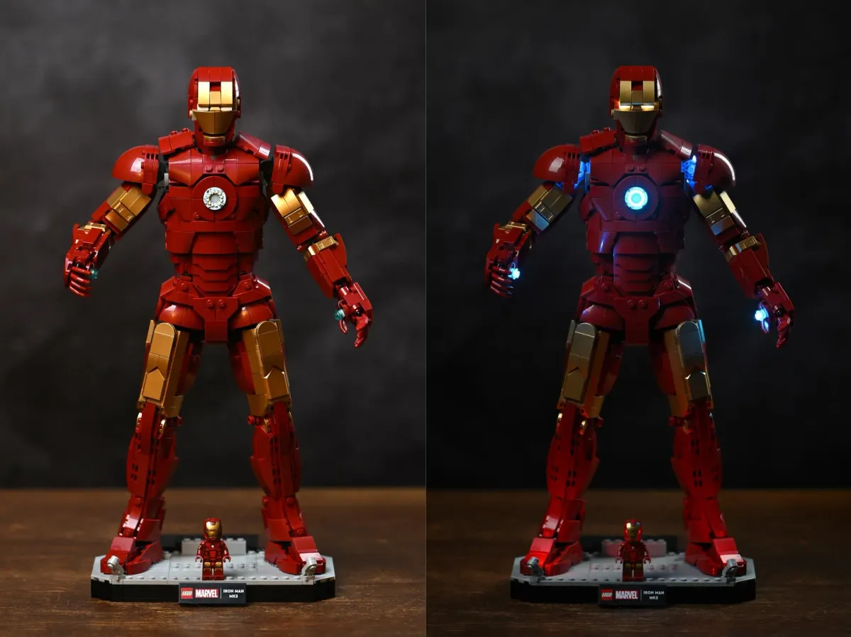 Side-by-side comparison of the LEGO Iron Man Mark 3 with the BriksMax light kit switched off and switched on, showing the glowing arc reactor, eyes and palm repulsors