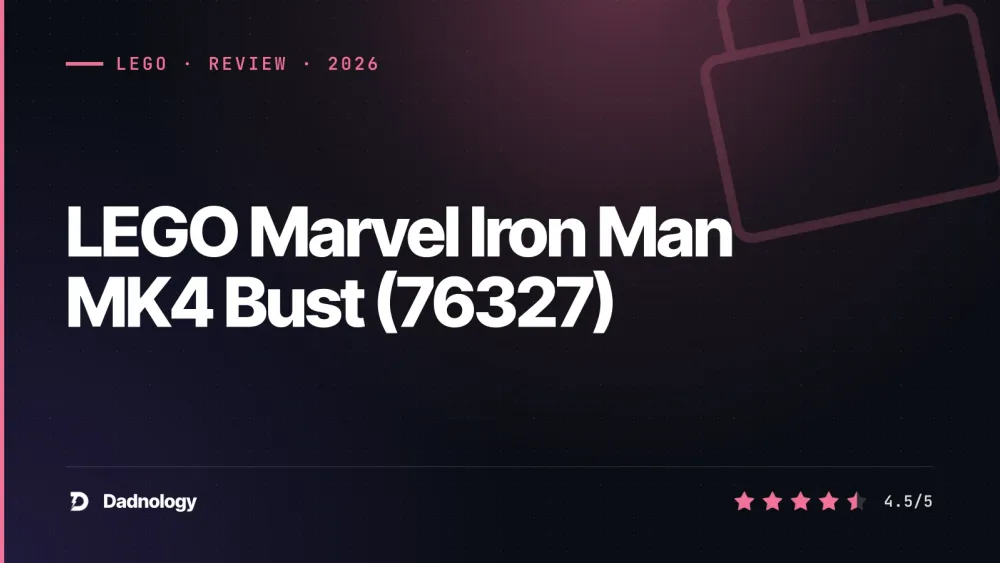 Dadnology title card: LEGO Marvel Iron Man MK4 Bust (76327) review: Tony Stark's best armour in brick