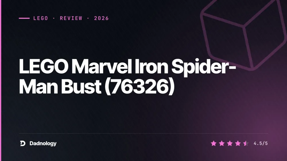 Dadnology title card: LEGO Marvel Iron Spider-Man Bust (76326) review: Armoured artistry in brick
