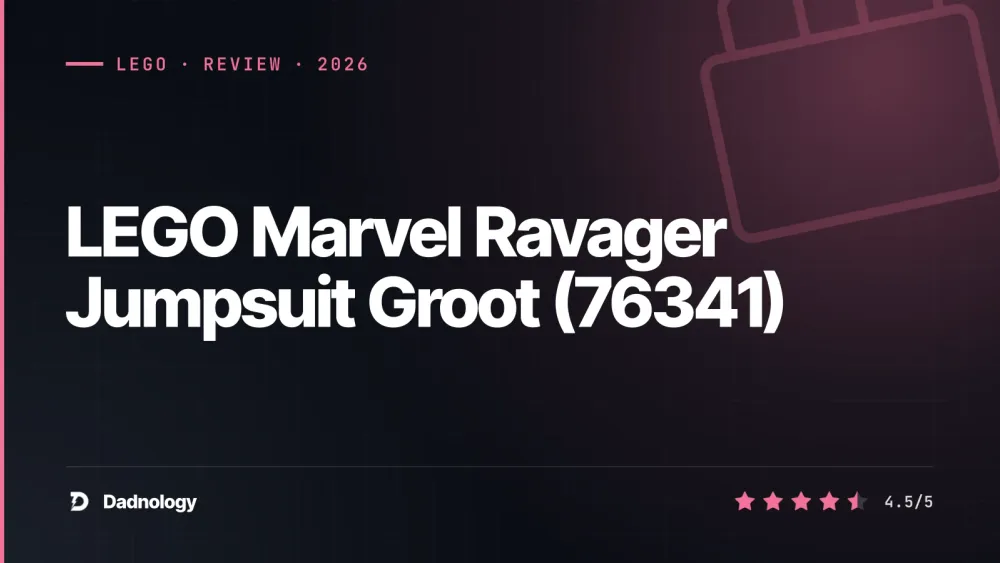 Dadnology title card: LEGO Marvel Ravager Jumpsuit Groot (76341) review: A joy on the shelf