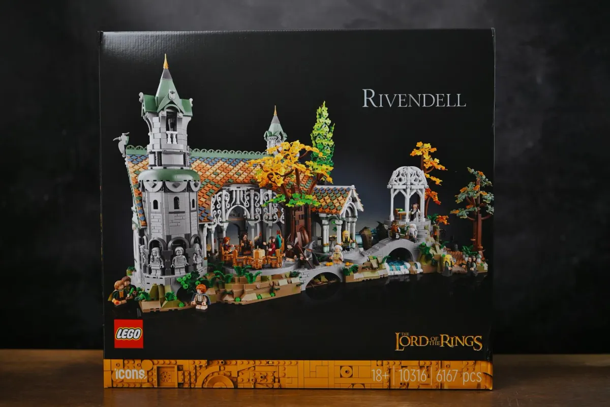 The LEGO Icons Rivendell (10316) box art, showing the full 6,167-piece finished diorama with the Fellowship minifigures