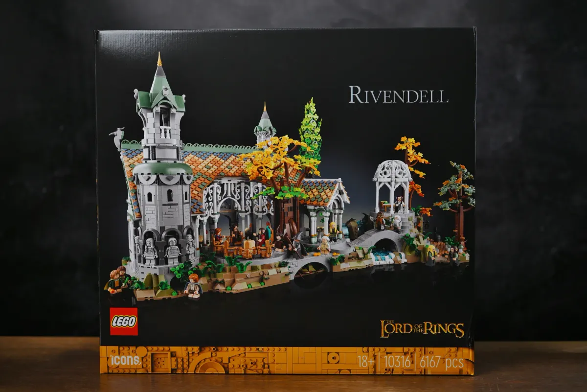 The LEGO Icons Rivendell (10316) box art, showing the full 6,167-piece finished diorama with the Fellowship minifigures