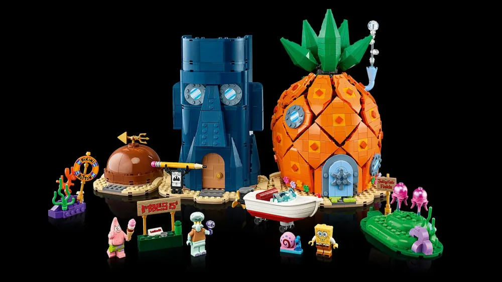 Official LEGO render of the Icons SpongeBob SquarePants Bikini Bottom set with pineapple house, Squidward's head and Patrick's rock
