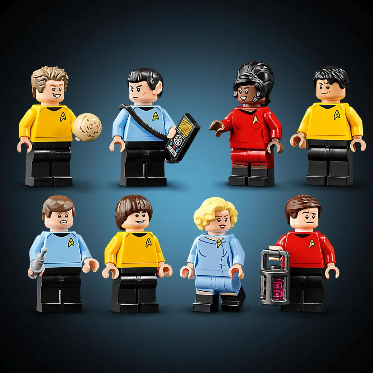 All eight LEGO minifigures from the Star Trek U.S.S. Enterprise Bridge set 11385 - Kirk, Spock, Uhura, Sulu, McCoy, Chekov, Chapel and Scotty - with a tribble and a communicator accessory