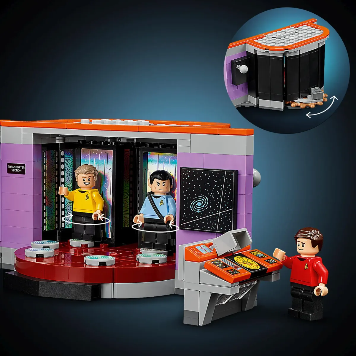 The transporter room section of the LEGO Star Trek Bridge set 11385, with two crew minifigures standing on the pad and an inset showing the turbo lift doors opening