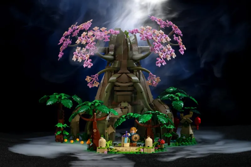 The finished hero shot of the LEGO Zelda Deku Tree with dramatic godrays caught in haze