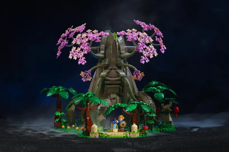 LEGO Zelda Great Deku Tree with blue night rim light and smoke