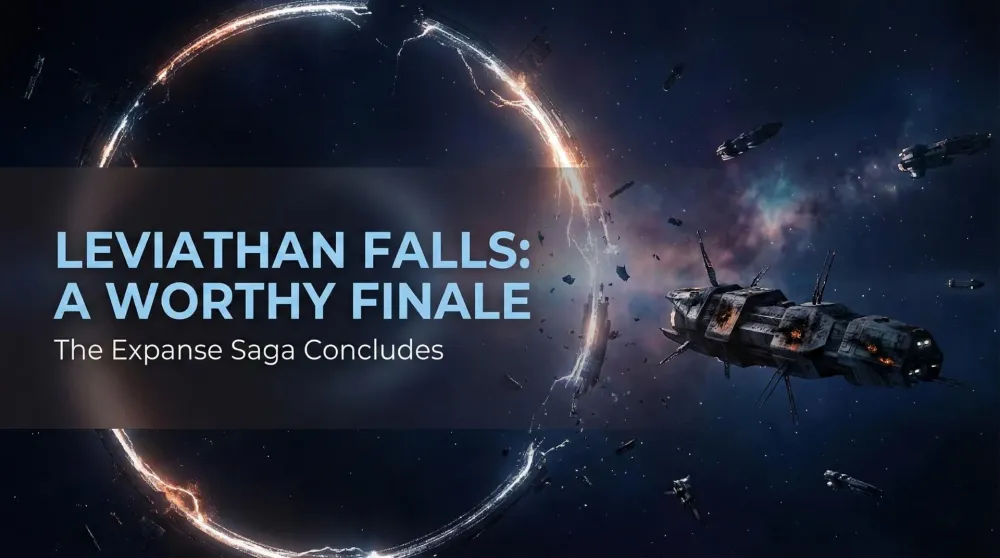 Leviathan Falls book cover featuring the Rocinante facing a cosmic anomaly