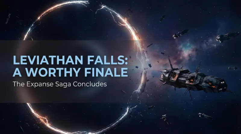 Leviathan Falls book cover featuring the Rocinante facing a cosmic anomaly