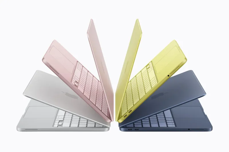 The Apple MacBook Neo in all four finishes: Silver, Blush, Citrus and Indigo