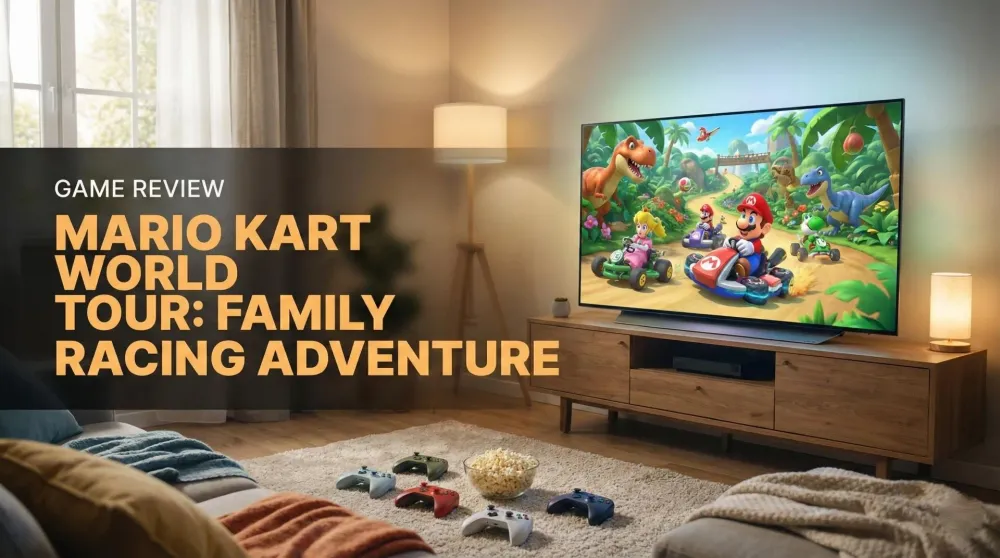 Mario and friends racing through a dinosaur-filled landscape in Mario Kart World Tour