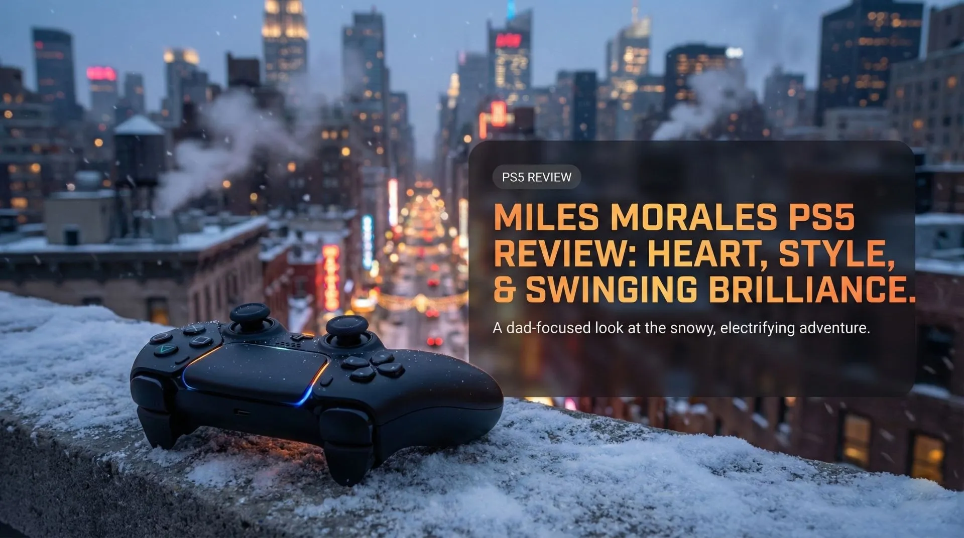 Miles Morales in his black-and-red suit swinging over snowy Harlem